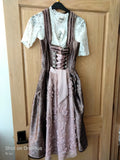 2 pc Festive Krueger Collection Dirndl dark brown pattern with Beautiful Pearl decorated Lace Apron - German Specialty Imports llc
