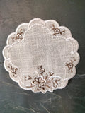 Linen Dark Brown /  White Flower Scalloped  Embroidered Doily in different sizes - German Specialty Imports llc