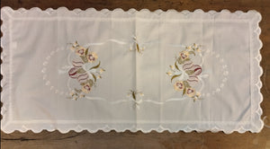 Plauener Lace White "Eggs and Crocuses with Pussy willows" Embroidered Easter Scalloped Edge Table runner - German Specialty Imports llc