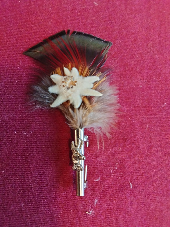 000350Z 00B618A Pewter Hat Pin / Brooch with Feather and real Edelweiss Flower and Edelweiss or Deer Relief on Holder - German Specialty Imports llc