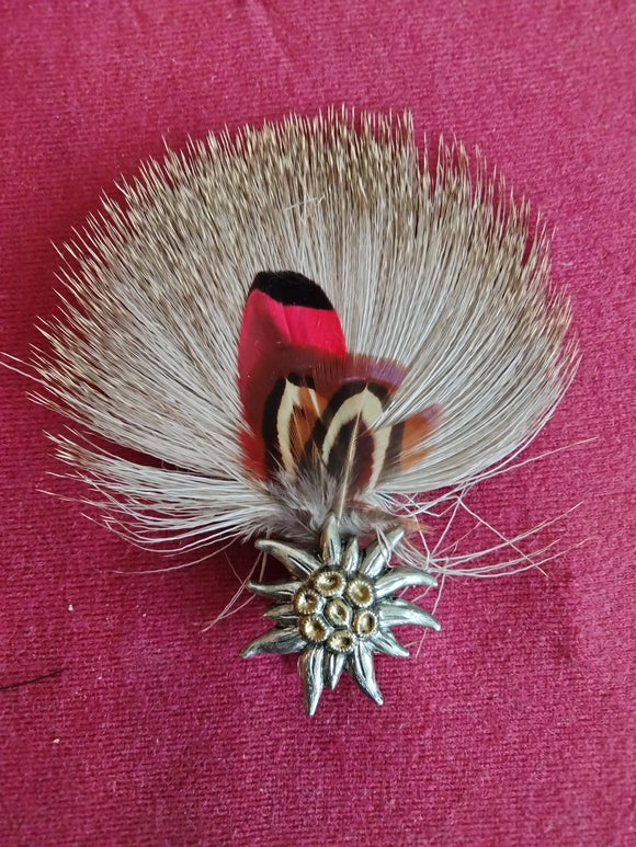 Shiny Edelweiss Pewter Hat Pin / Brooch with Feather and Deer Hair Brush - German Specialty Imports llc