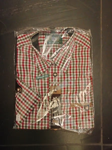 39809 OS Trachten red / green and white checkered Men Trachten Shirt with Edelweiss Embroidery and Pewter Edelweiss Decoration - German Specialty Imports llc