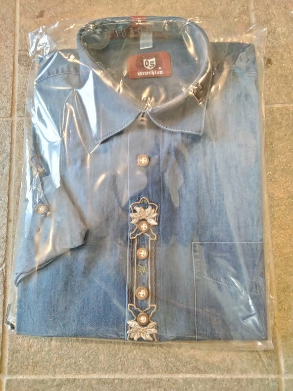 420002-3453  37493 OS Trachten Men Long Sleeve Jeans Blue Trachten Shirt with Edelweiss Embroidery in the Front and Sleeves - German Specialty Imports llc