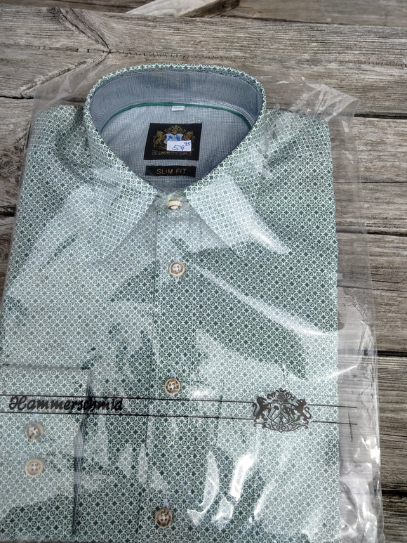 Hammerschmid  Men Trachten Shirt small green pattern with embroidery Deer Decore on front pocket and small green checkered lining Detail in Cuffs and Neck - German Specialty Imports llc