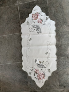 Beige Scalloped-Edge Runner Rosey Rose w/ Lace Butterfly Doily 32" x 13.5" - German Specialty Imports llc