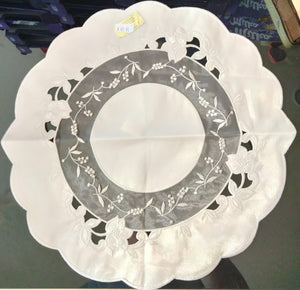 Beige Round Embroidered on Tull Fabric Scalloped-Edge Cut-Outs Rosey Roses Doily 14.75" - German Specialty Imports llc