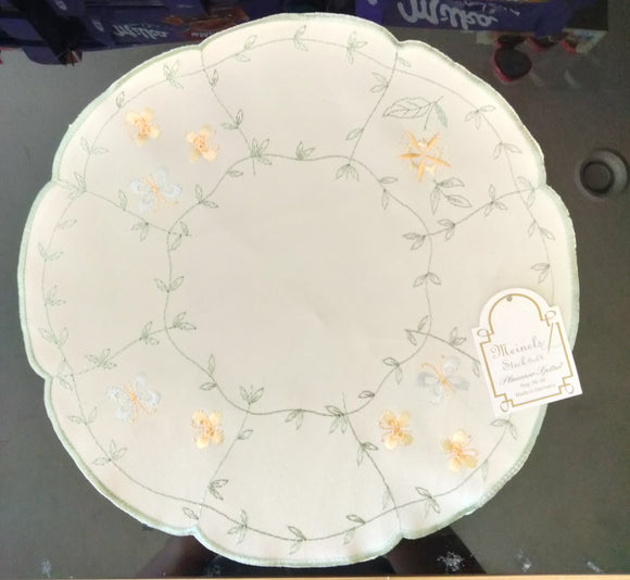 Beige Round Embroidered Scalloped-Edge Flowers w/ Butterflies Leaf Design Doily 11.5