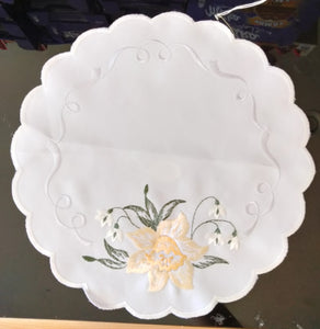 White Round Embroidered Scalloped-Edging Yellow Daffodils w/ Snowbells Doily 11" - German Specialty Imports llc