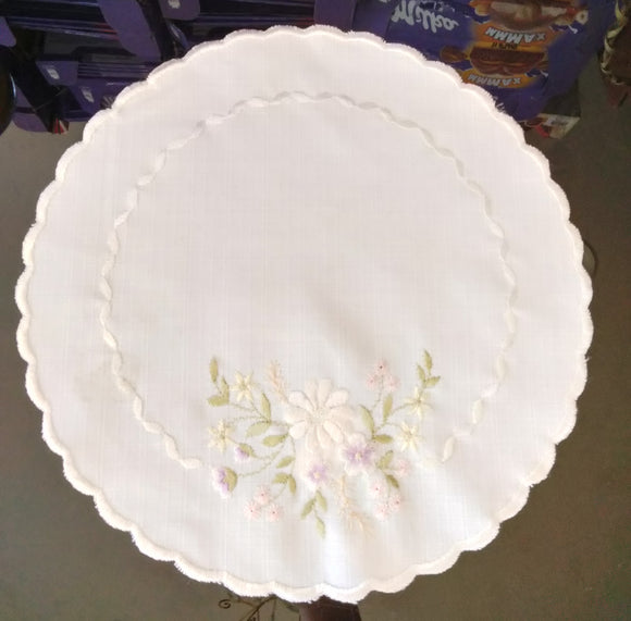 White Round Embroidered Linen Scalloped-Edge w/ Pastel Flowers 10.75” - German Specialty Imports llc
