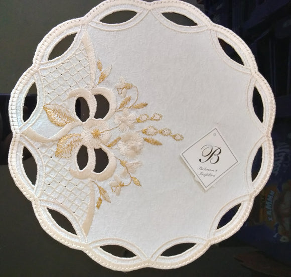 Beige Round Embroidered Scalloped-Edge Gold Pussycats Doily 8.75” Diameter With Cut Outs - German Specialty Imports llc