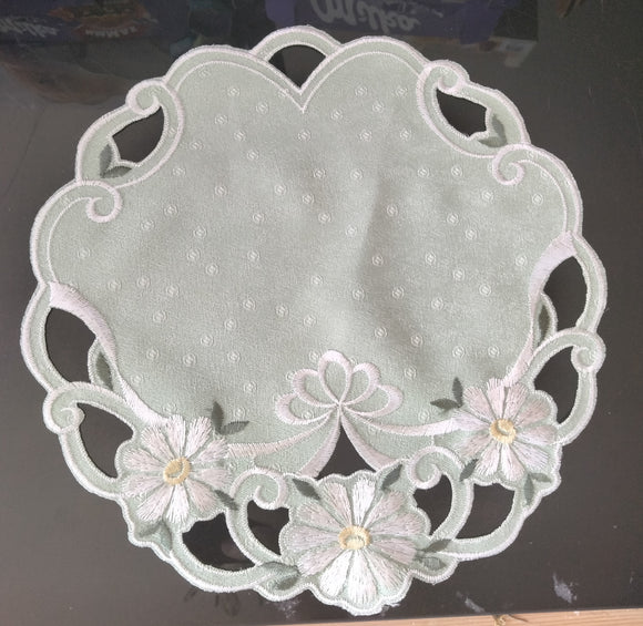 Green Round Embroidered Scalloped-Edge White Flowers Doily 8.75” Diameter Different Colors - German Specialty Imports llc