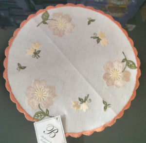 Round Embroidered Scalloped-Edge Linen Flower Doily 8.75” Diameter in different colors - German Specialty Imports llc