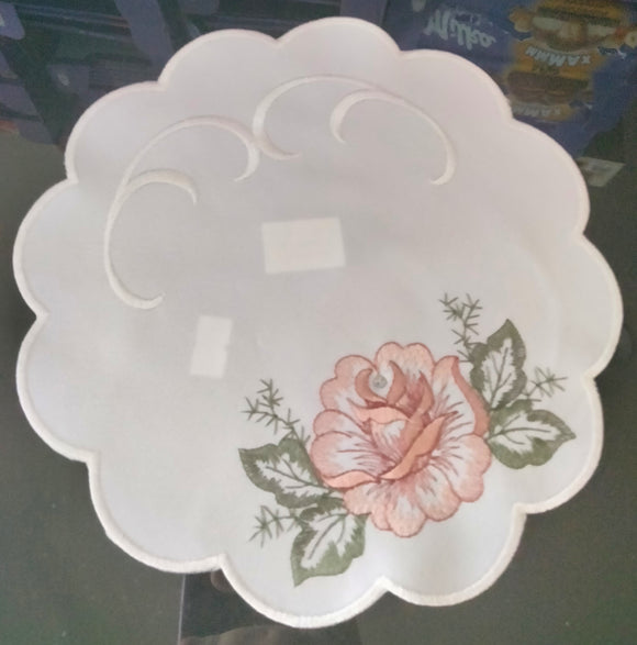 Off-White Round Embroidered Scalloped-Edge Rose with Crystal Doily 8.75” - German Specialty Imports llc