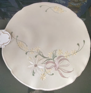 Beige Round Embroidered Scalloped-Edge Pastel Edelweiss with Ribbon Doily 8.75” - German Specialty Imports llc