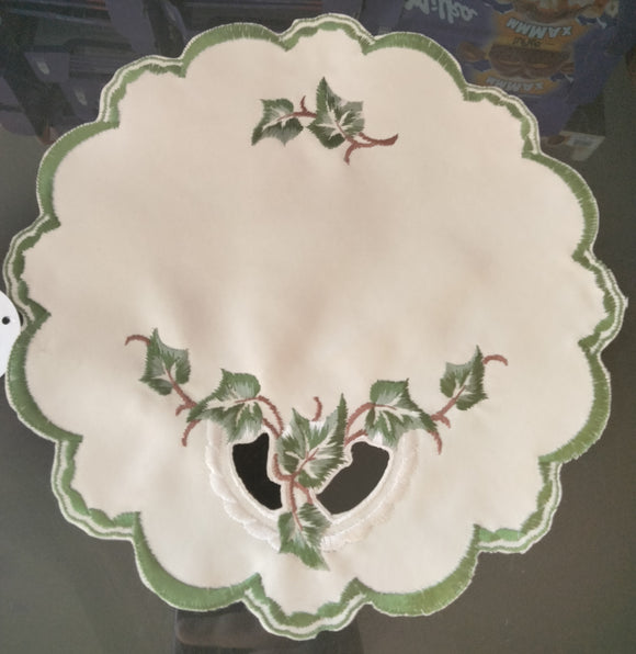 Beige Round Embroidered Green Scalloped-Edge with Ivy Doily 8.75” - German Specialty Imports llc