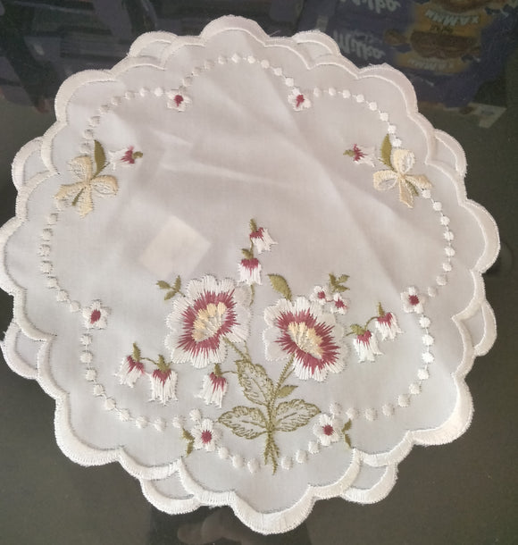 Beige Round Embroidered Scalloped-Edge Multiple Rosey Flowers Doily Different Size - German Specialty Imports llc