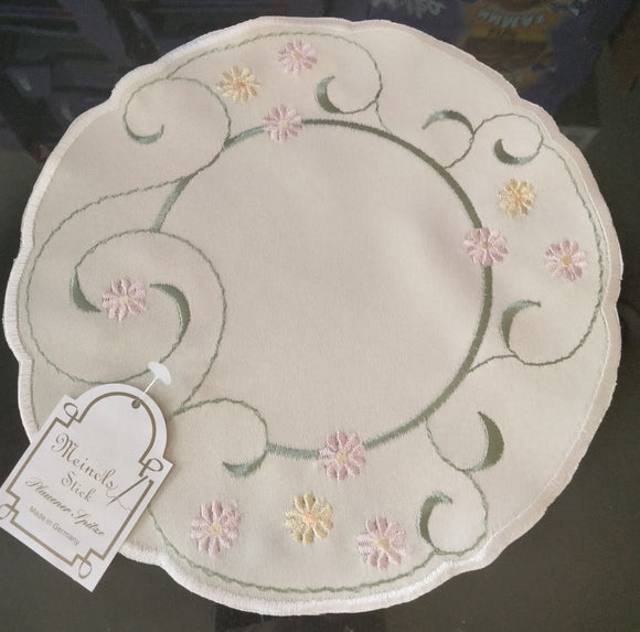Beige Round Embroidered Scalloped-Edge with Pastel Daisies Doily 8.75” - German Specialty Imports llc