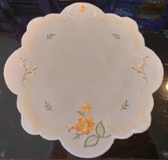 Beige Round Embroidered Scalloped-Edge Copper Flowers Doily 8.75” Diameter - German Specialty Imports llc