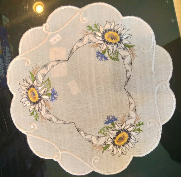 Linen Round Embroidered Scalloped-Edge Edelweiss with Ribbon Doily 11.75” - German Specialty Imports llc