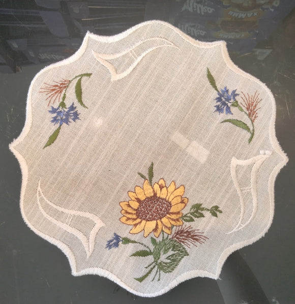 Linen Round Embroidered Scalloped-Edge Sunflower w/ other Flowers Doily 11.75” - German Specialty Imports llc