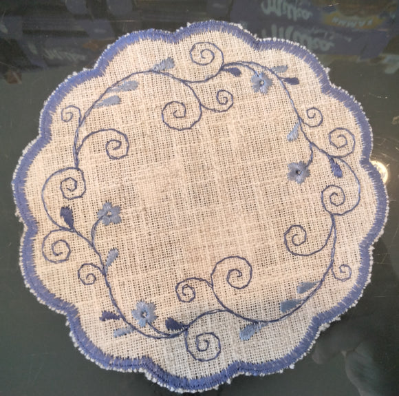 Linen Round Embroidered Scalloped-Edge Blue Flowers & Design Doily 6” - German Specialty Imports llc