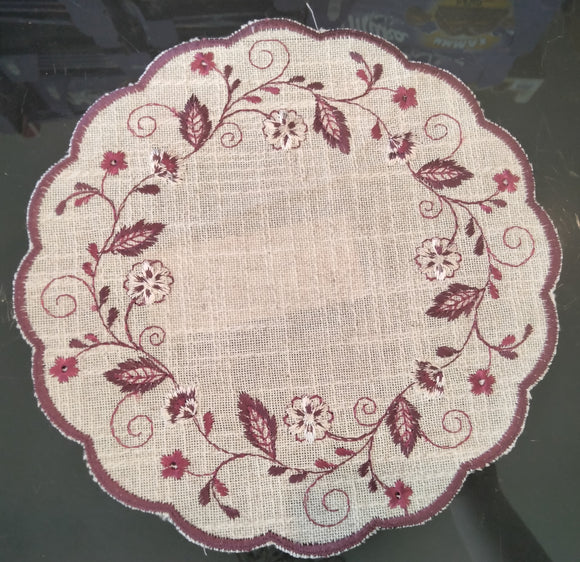 Linen Round Embroidered Scalloped-Edge Red Flowers & Design Doily 8.75” - German Specialty Imports llc