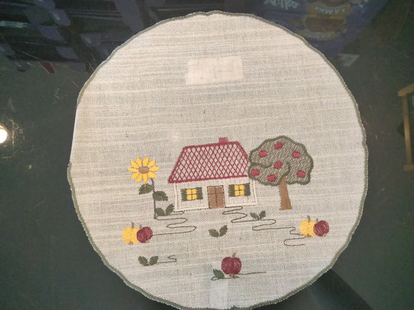Linen Round Embroidered Scalloped-Edge House w/ Apple Tree Doily 10.5” - German Specialty Imports llc
