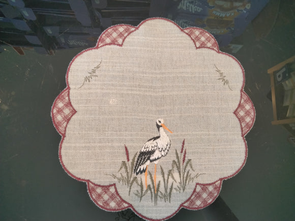 Linen Round Embroidered Scalloped-Edge Heron w/ Red Plad Design Doily 10” - German Specialty Imports llc