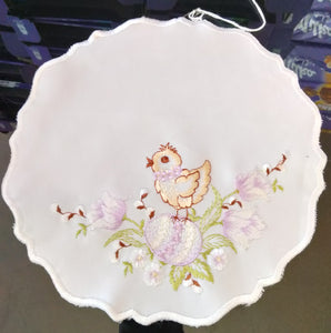 White Chicken with purple egg and flowers Scalloped-Edge Easter Doily in different Shapes and Sizes - German Specialty Imports llc