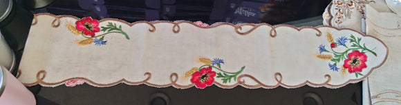 Embroidered Scalloped-Edge Linen Red Poppy w/ Cornflower & Wheat Runner 57