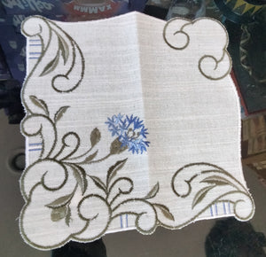 Beige Embroidered Scalloped-Edge Blue Cornflower Table Linen 10" x 10" - German Specialty Imports llc