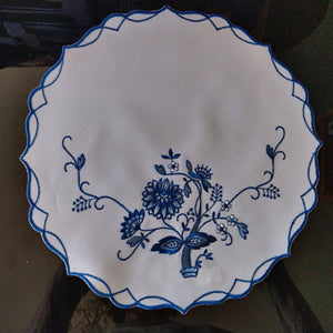 Round Doily with embroidered Blue on white Flower with blue edging 10" - German Specialty Imports llc