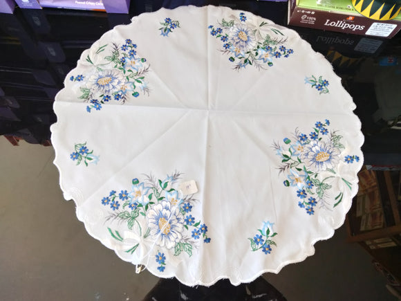 Plauener Spitze Round Doily with embroidered Multiple Blue a/ white Flowers with white  edging 19