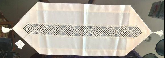 Elegant lace Inlay Jaquard  Table Runner with Tassels 31.5 