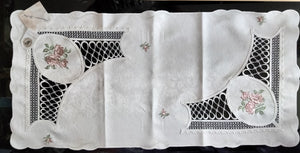 Beautiful Jaquard Patternd Table Runner with Embroidered Rusty Rose Flower in unique lace Design design 34 " x 16 " - German Specialty Imports llc