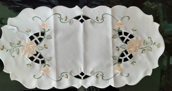 Stunning Table Runner with Embroidered yellow/gold Roses and cutout Design  31 