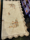 34" x 34" Plauener Spitzen  Linen Doily with  Brown  / White Tone Embroidered Flower Design and Edging - German Specialty Imports llc