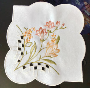 8.5" x 8.5" Plauener Spitze  Lace Beige Embroidered " Crocuses" Scalloped Edge Doily with cut outs - German Specialty Imports llc
