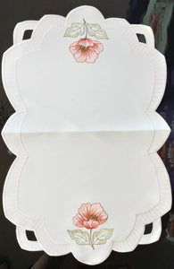 Plauener Spitze  Lace Beige Embroidered "Red flowers " Scalloped Edge Doily with cut outs - German Specialty Imports llc