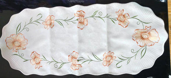 Beige Jaquard  Plauener Spitze Table Runner with Beautiful Rust color Flowers with Cut outs  Embroidery in different colors - German Specialty Imports llc