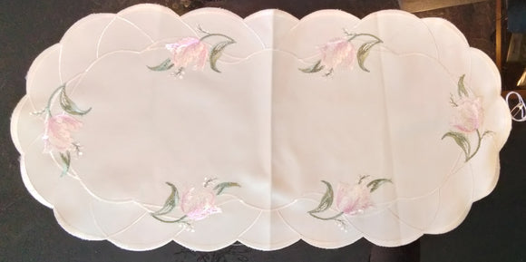 Beige Embroidered Scalloped-Edge Tulip Embroidery Runner - German Specialty Imports llc