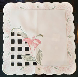 3273 Beautiful Embroidered  Calla Square Doily  with cut outs  11" x 11" - German Specialty Imports llc