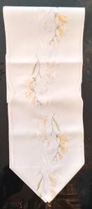 61" x 9" Plauener Spitze beige with Yellow / Green Forsythia   Pattern Table Runner with scalloped Edges - German Specialty Imports llc