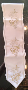 62" x 5.75" Plauener Spitze beige with gold embroidered Rose  Pattern Table Runner with scalloped Edges - German Specialty Imports llc