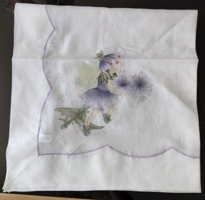 Hossner  Beautiful fine Flower Fairies "Purple Fairy" linen with embroidered scalloped edging and embroidery edging around design - German Specialty Imports llc