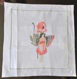 Hossner  Beautiful fine Flower Fairies "Poppy" linen with embroidered scalloped edging and embroidery edging around design - German Specialty Imports llc