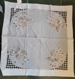 Hossner  Beautiful fine Flower Fairies "Pink Fairy" linen with embroidered scalloped edging and embroidery edging around design - German Specialty Imports llc