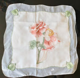 Hossner  Beautiful fine Flower Fairies "Peach Rose " linen with embroidered scalloped edging and embroidery edging around design - German Specialty Imports llc