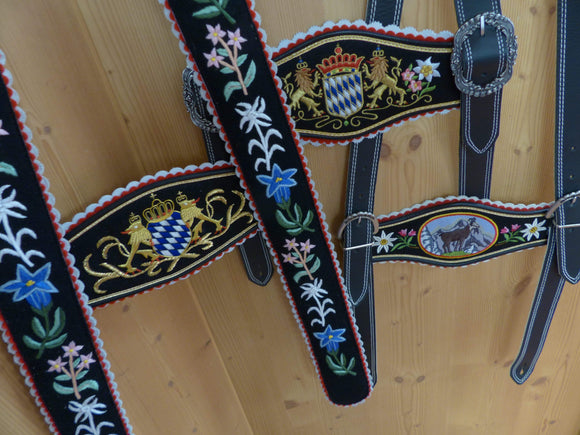 German Froestl Black Leather Suspenders with Bavarian Crest and Alpine flowers Embroidery - German Specialty Imports llc