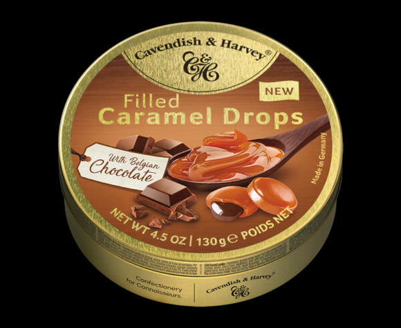 Cavendish & Harvey Chocolate  filled Caramel Drops Hard Candy Tin - German Specialty Imports llc